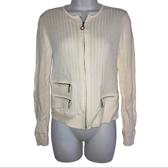 Worth Zip Front Cardigan Ribbed Sweater S Cream - Picture 1 of 5